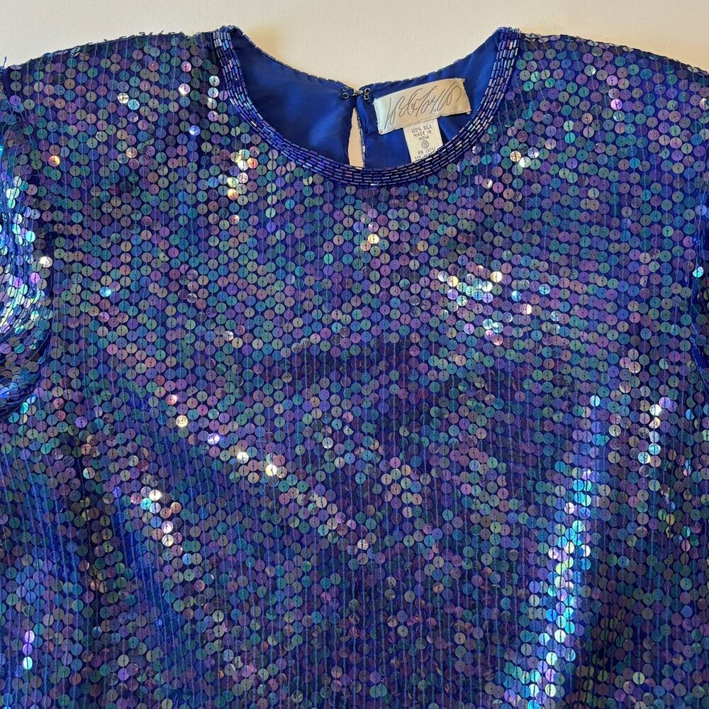 Vintage Lord & Taylor Silk Sequin Top Women's 10 Scallop Hem Mermaid Disco Glam
